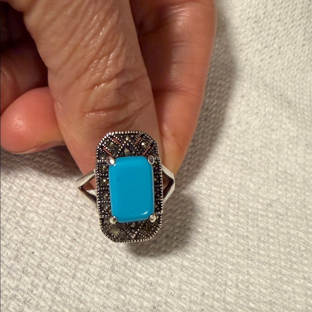 Sterling Silver Turquoise-Blue Marcasite Statement Ring